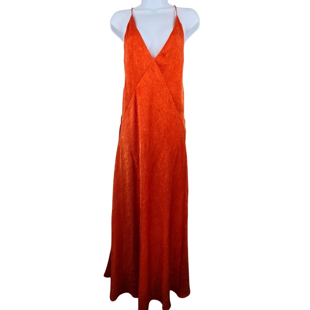 Significant Other Arielle Orange Crinkled Plunging Maxi Dress 2 Open Back Satin